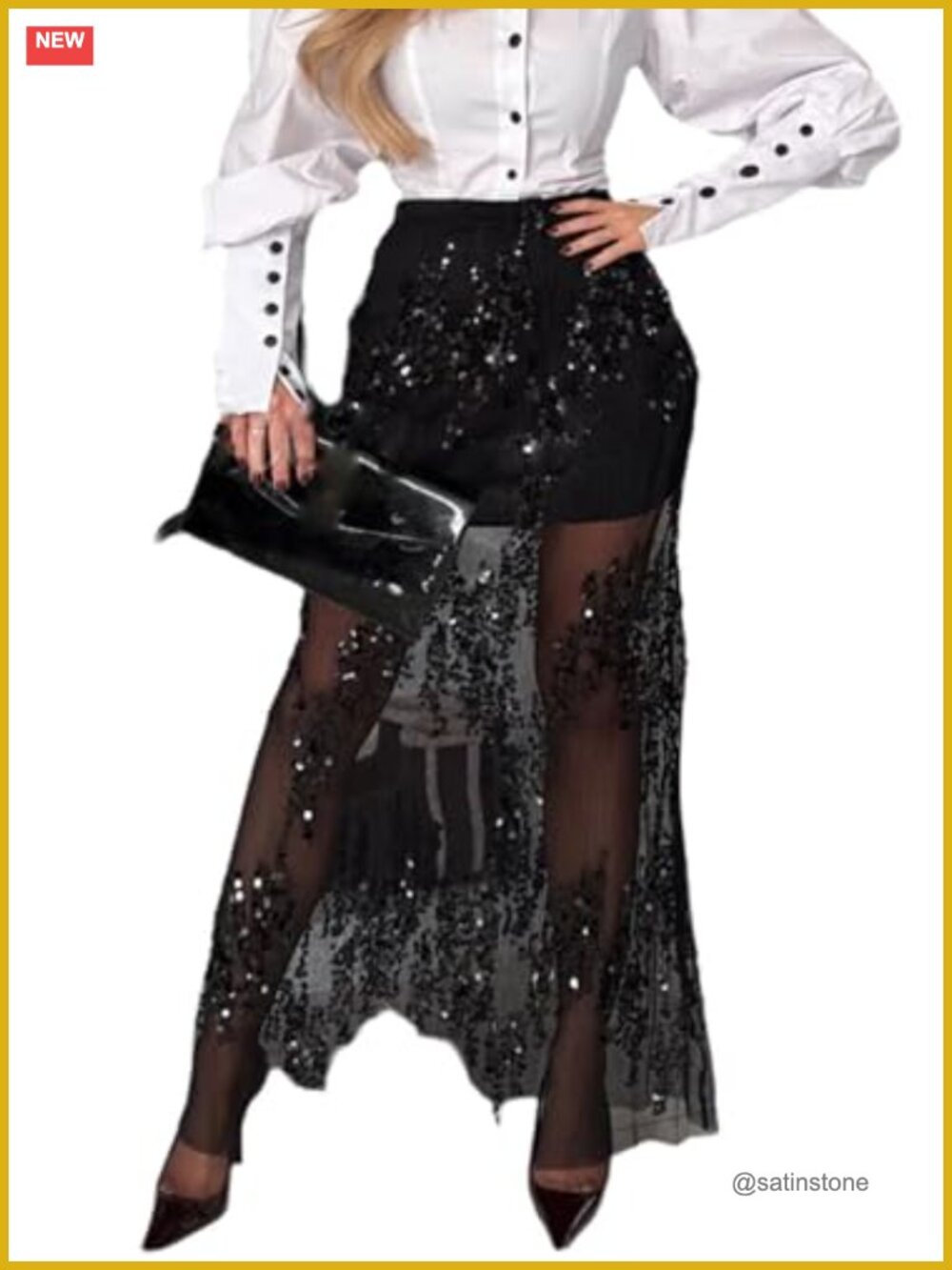 Wuitrie Women's Maxi Sequin Skirt – Sheer High Waist Patchwork Night Out Long
